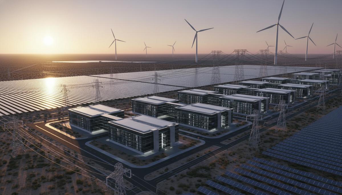 Крупный современный дата-центр на фоне поля солнечных панелей и ветряных турбин, соединенных линиями электропередач.