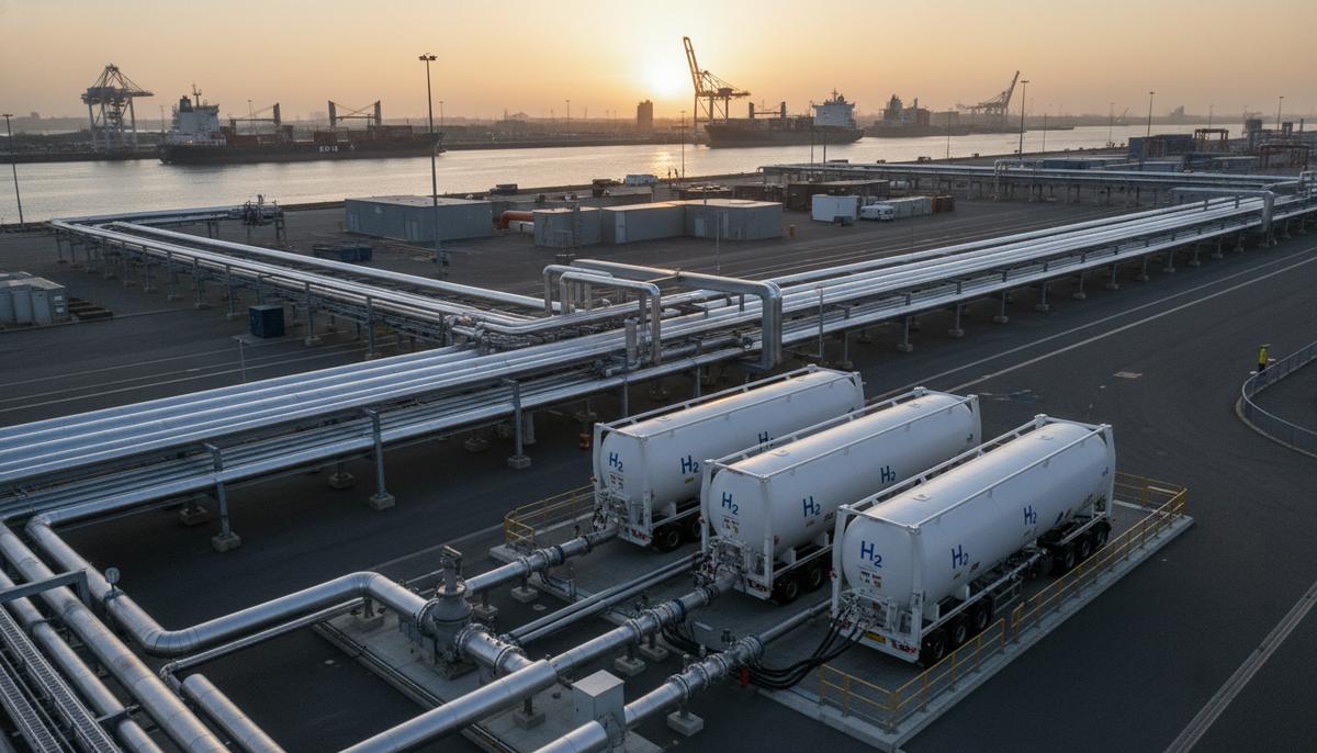 Новый водородный трубопровод и станция разгрузки трейлеров с цистернами в промышленном порту Роттердама на закате.