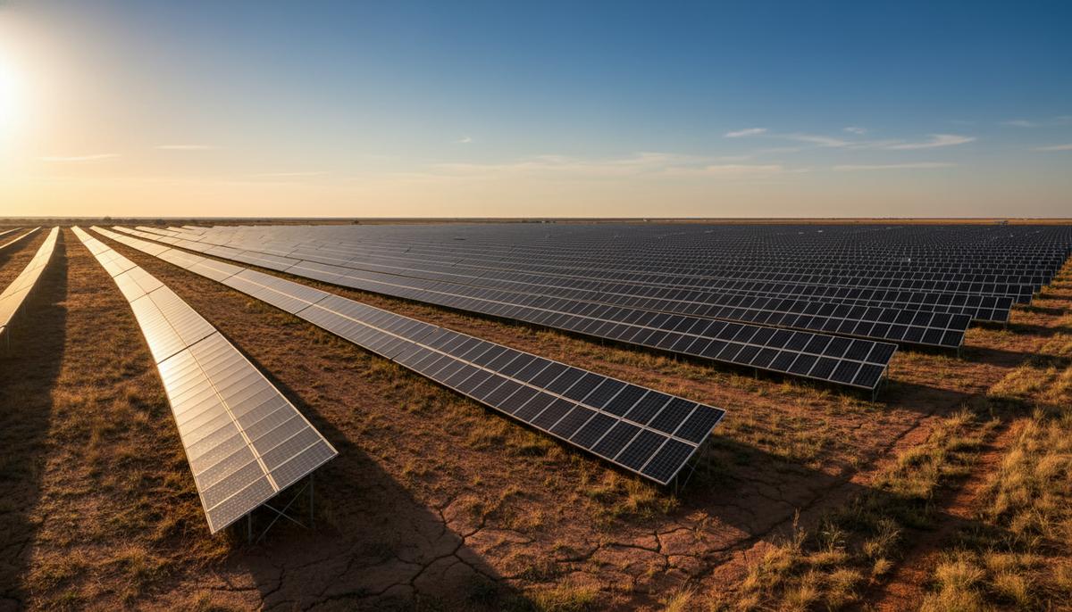 Огромная солнечная электростанция с рядами панелей, уходящими за горизонт, в засушливой равнинной местности Техаса под ясным небом.