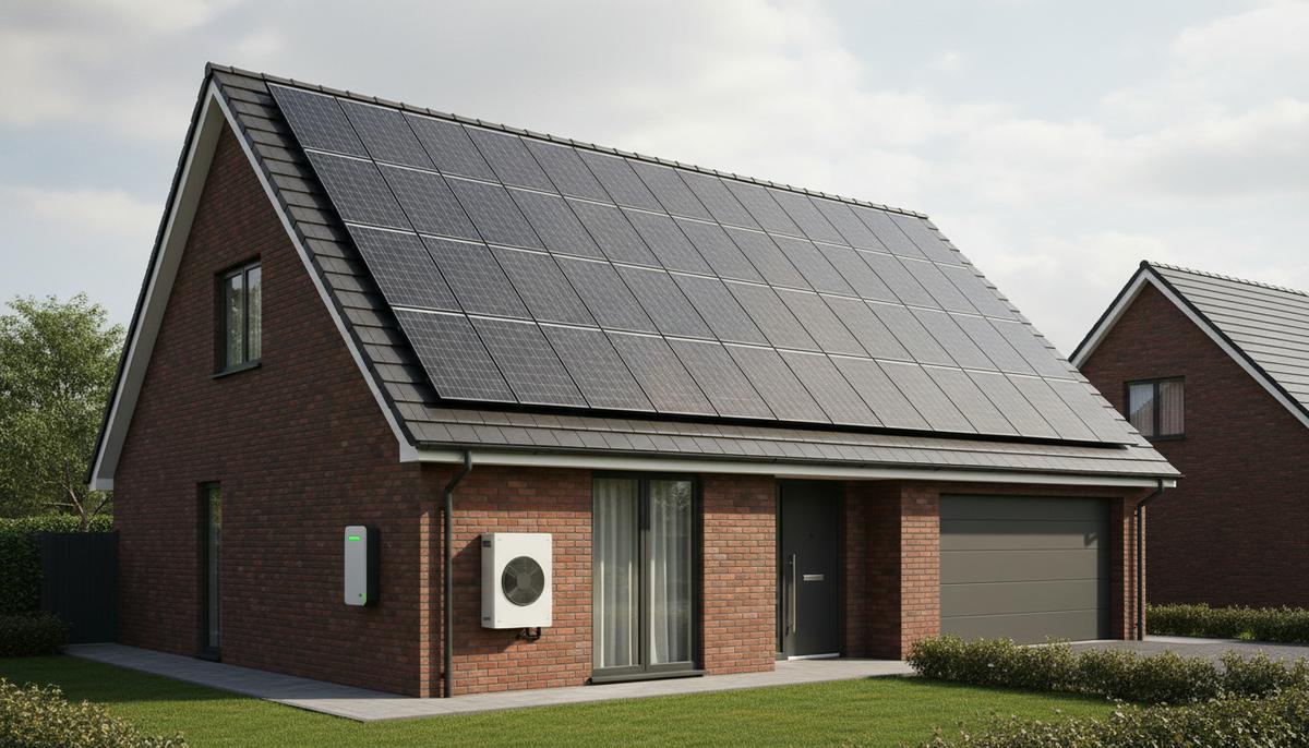 Крыша жилого кирпичного дома, полностью покрытая солнечными панелями. На боковой стене здания установлен тепловой насос и аккумуляторная система хранения энергии.