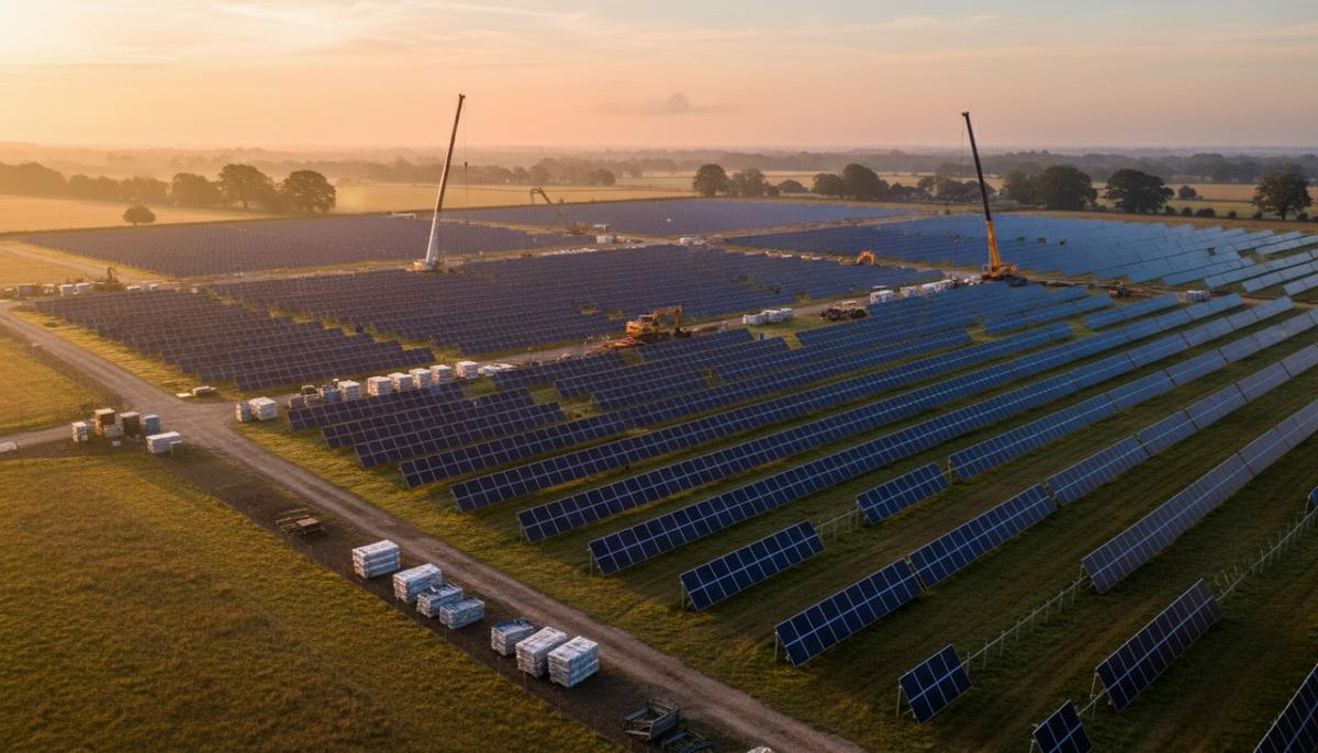 Солнечная электростанция Tye Lane в стадии строительства в сельской местности Саффолка, Англия. Ряды солнечных панелей на рассвете.