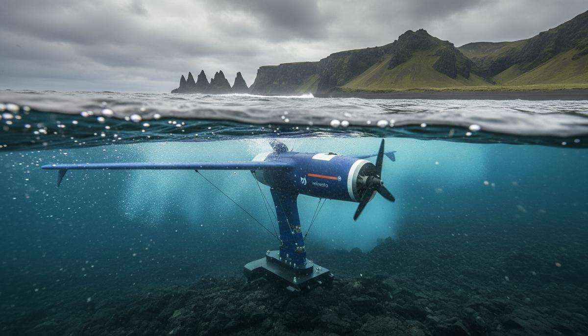 Подводный приливной генератор энергии в виде крыла с турбиной, работающий в океанском течении у скалистого побережья Исландии.