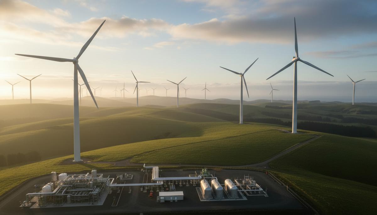 Ветряные турбины на зеленых холмах Новой Зеландии рядом с заводом по производству зеленого водорода на рассвете.