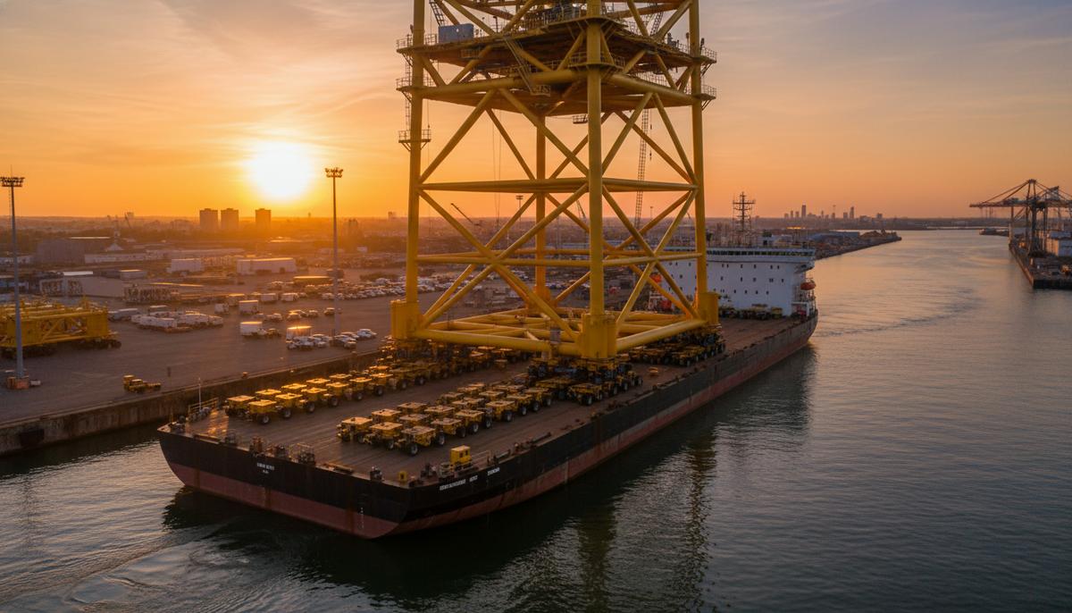 Основание для платформы BorWin6 готово к отправке в Северное море Опорный блок морской платформы BorWin6 на транспортных модулях в порту Джебель-Али во время погрузки на судно.