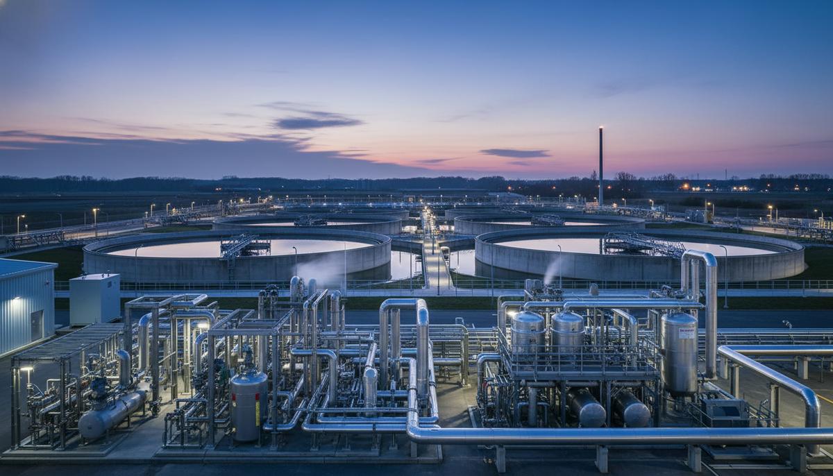 Завод по производству возобновляемого газа на территории очистных сооружений. Стальные трубы и резервуары в сумерках.