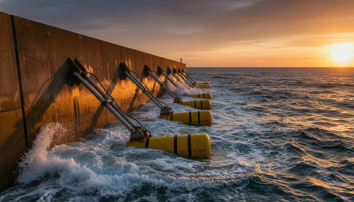 Волновые энергетические преобразователи, прикрепленные к бетонному волнорезу, на фоне морских волн на закате.