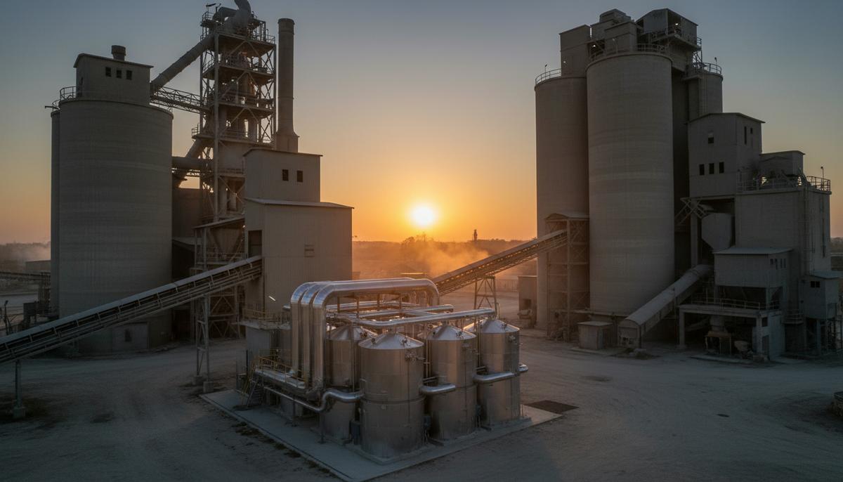 Современная модульная установка по газификации отходов с трубами и резервуарами на территории промышленного завода на закате.