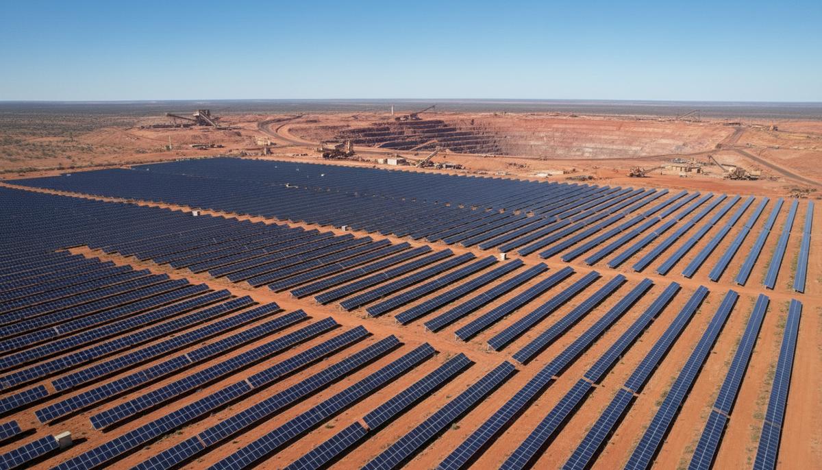 Солнечная электростанция с рядами панелей на фоне карьера по добыче меди в пустынном африканском ландшафте.