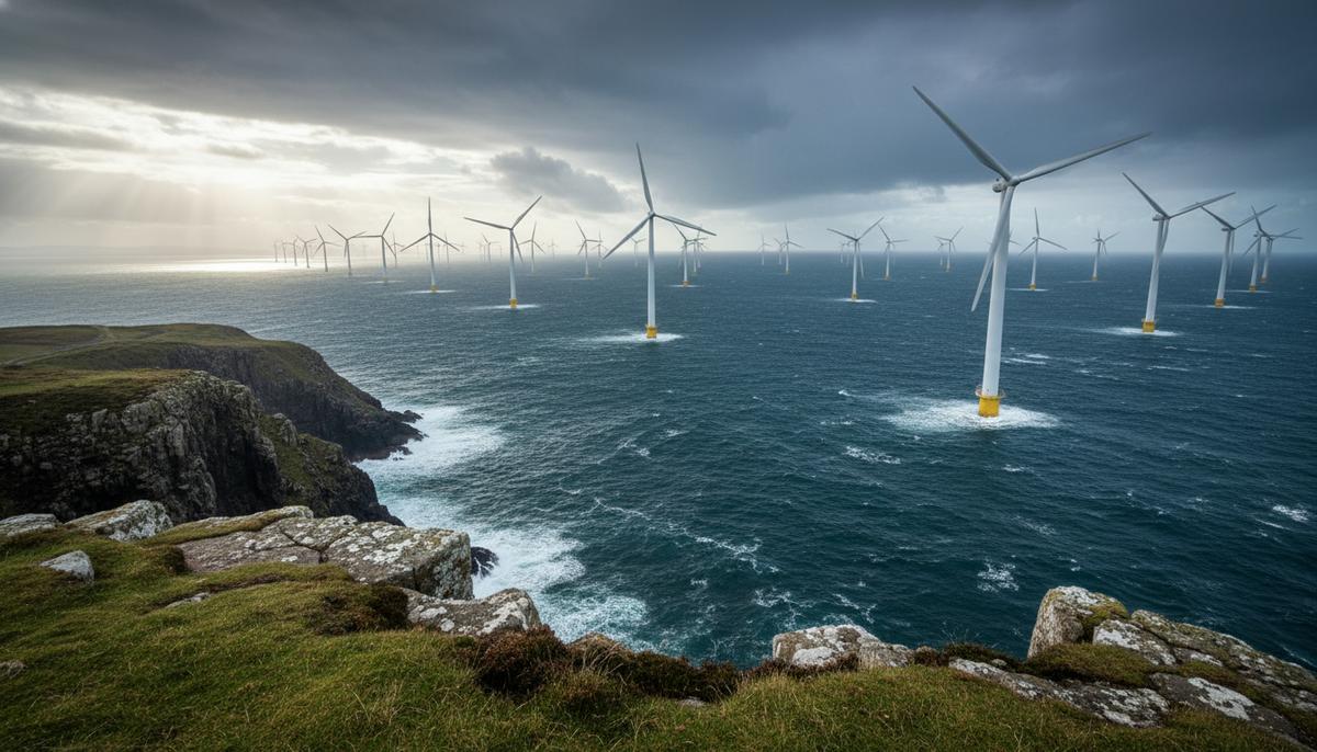 Вид на морские ветрогенераторы в Северном море со скалистого зеленого берега Шотландии.
