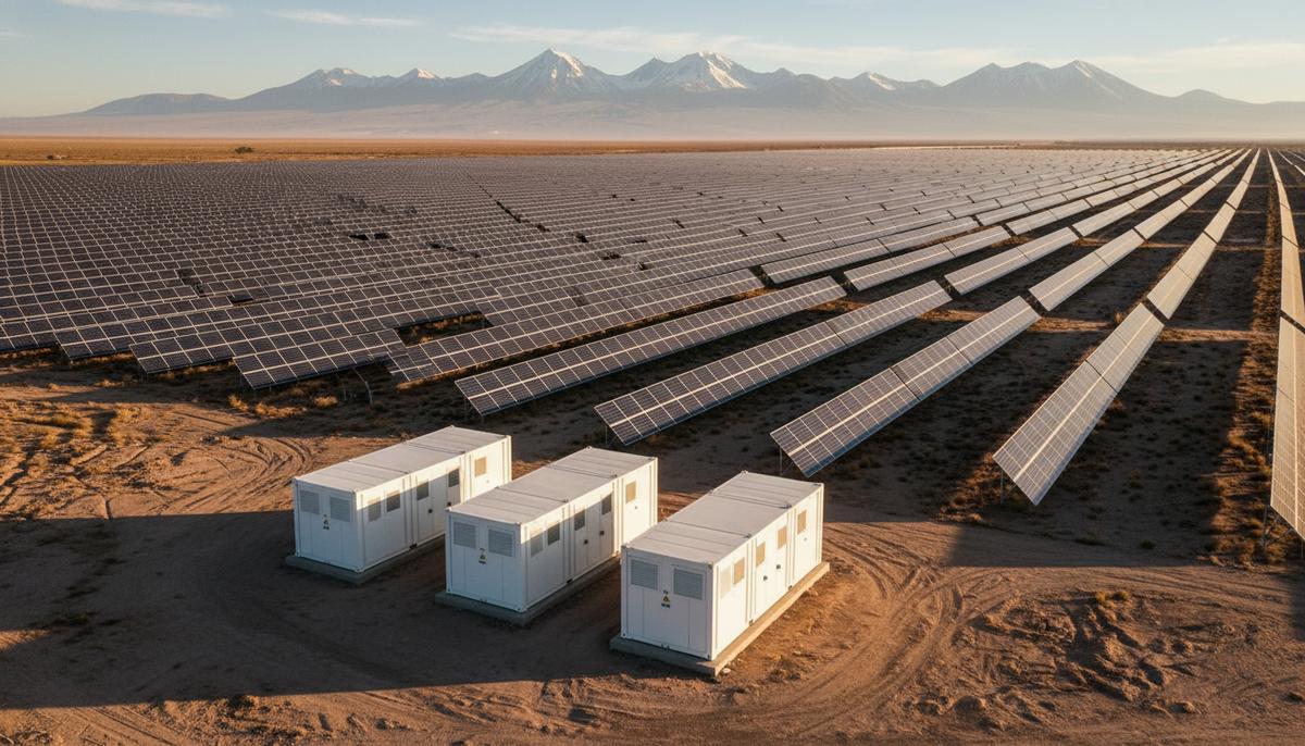 Солнечная электростанция с рядами панелей и контейнерами для хранения энергии в пустынной местности на фоне гор.