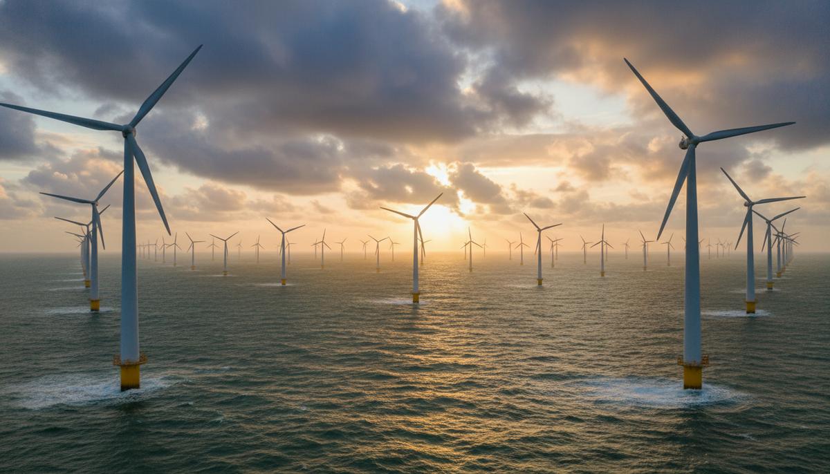 Ряды ветряных турбин морской электростанции в водах Северного моря на фоне рассветного неба.