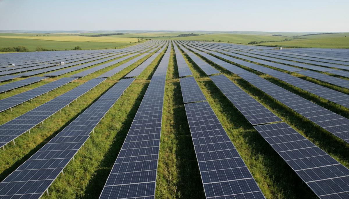 Scatec начинает строительство солнечных станций на 190 МВт в Румынии Большая солнечная электростанция с рядами фотоэлектрических панелей на фоне зеленых холмов и голубого неба в Румынии.