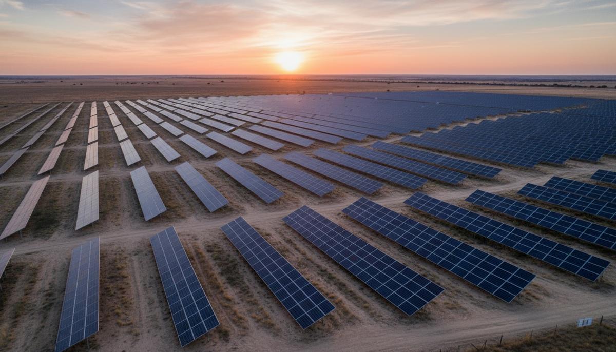 Огромная солнечная электростанция в Техасе на рассвете. Бесконечные ряды солнечных панелей уходят за горизонт на фоне плоского засушливого пейзажа.