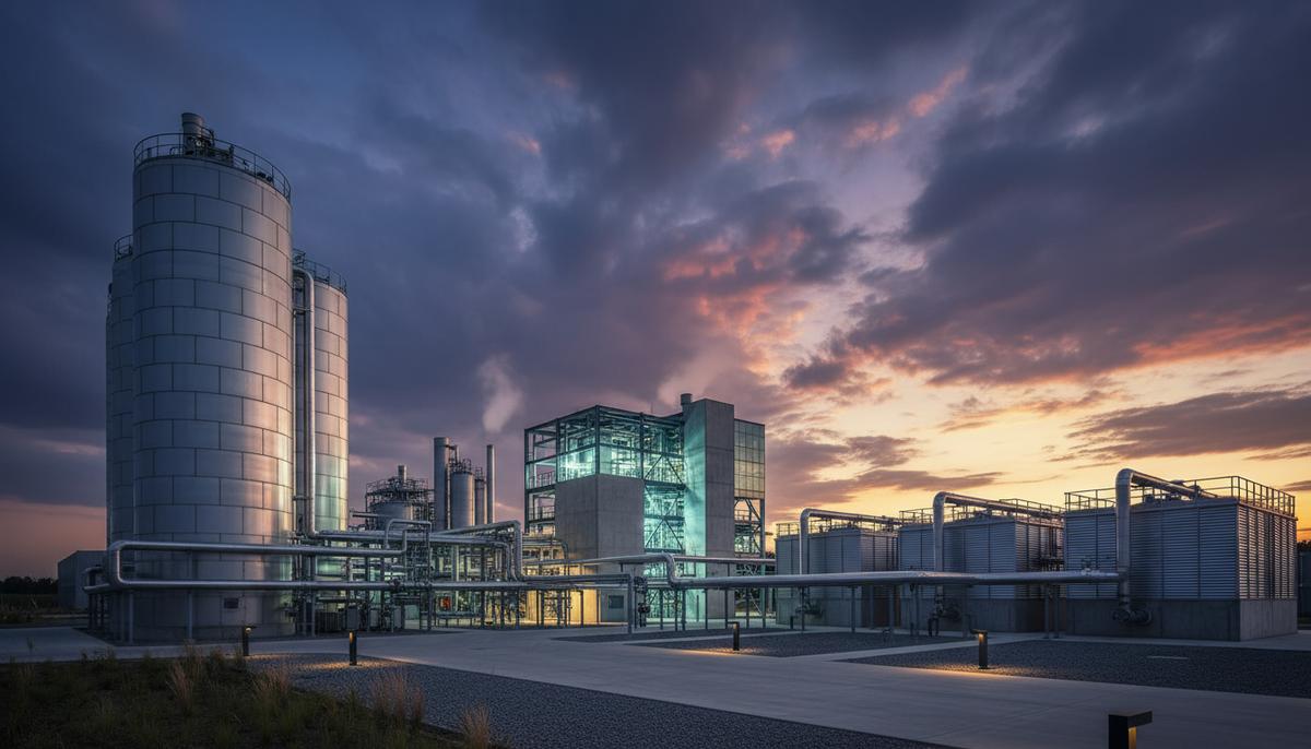 Немецкий биогазовый сектор столкнулся с политической неопределенностью Современная биогазовая станция с резервуарами для ферментации и промышленными зданиями на фоне вечернего неба.