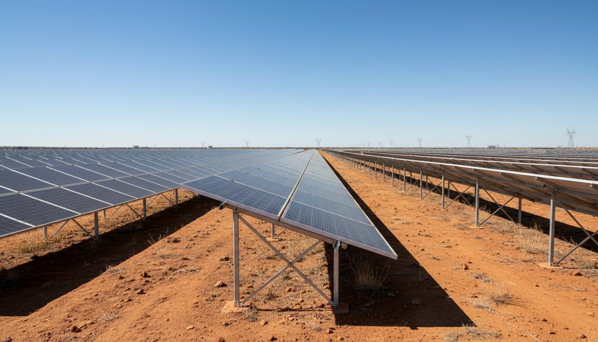 Lyra Energy построит солнечную станцию на 255 МВт в ЮАР для бизнеса Огромная солнечная электростанция с рядами панелей, уходящими за горизонт, в засушливом пейзаже Южной Африки.