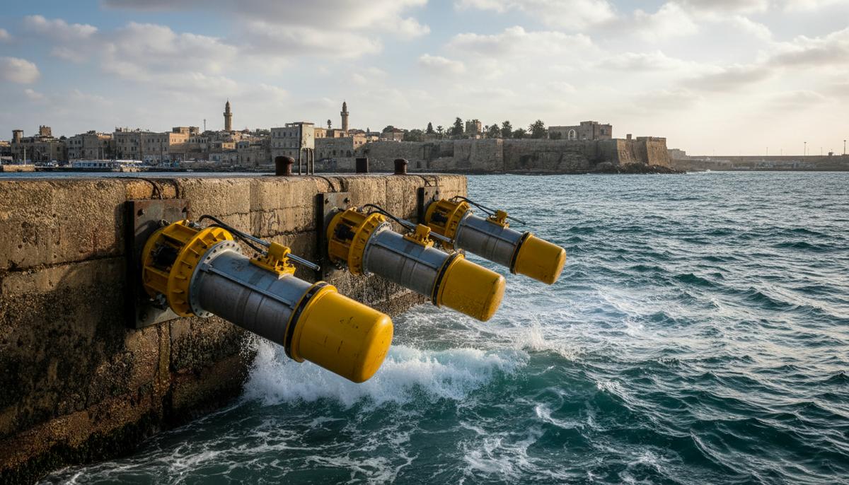 Волновая станция в Израиле подтвердила надежность технологии Eco Wave Power Береговая волновая электростанция Eco Wave Power в порту Яффо. Поплавки-преобразователи, прикрепленные к молу, на морских волнах.