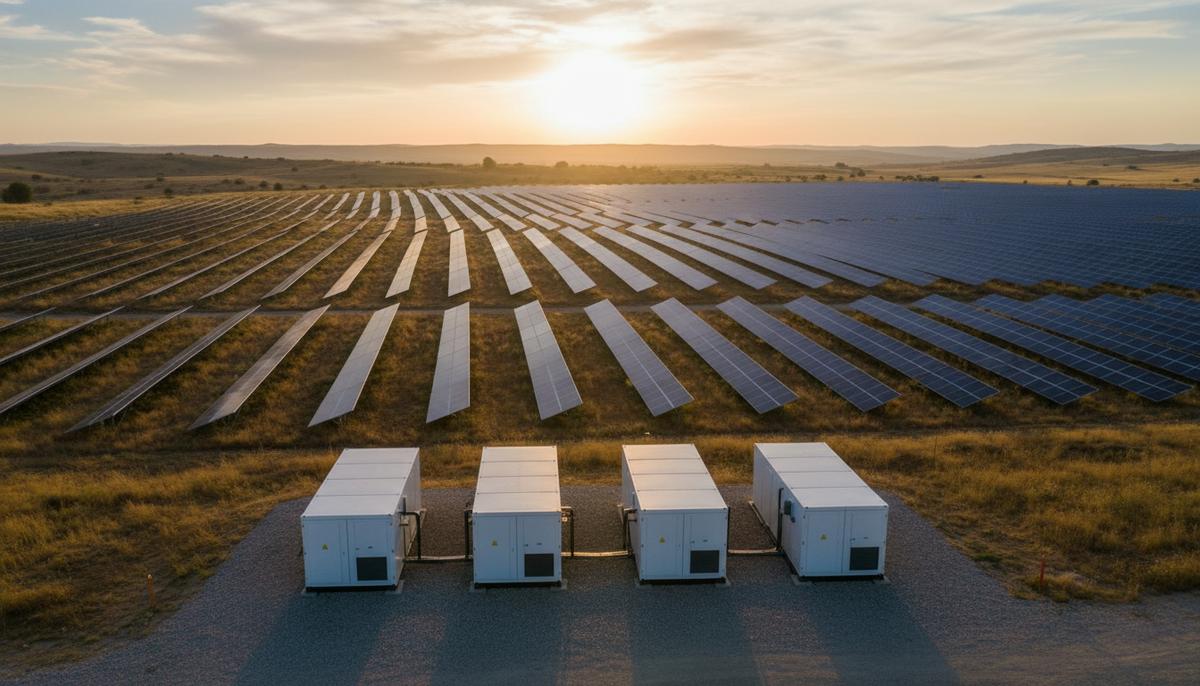 RWE использует ПО Arenko для 150 МВт гибридных СЭС в Великобритании Современная солнечная электростанция с рядами фотоэлектрических панелей и контейнерами системы накопления энергии на рассвете.