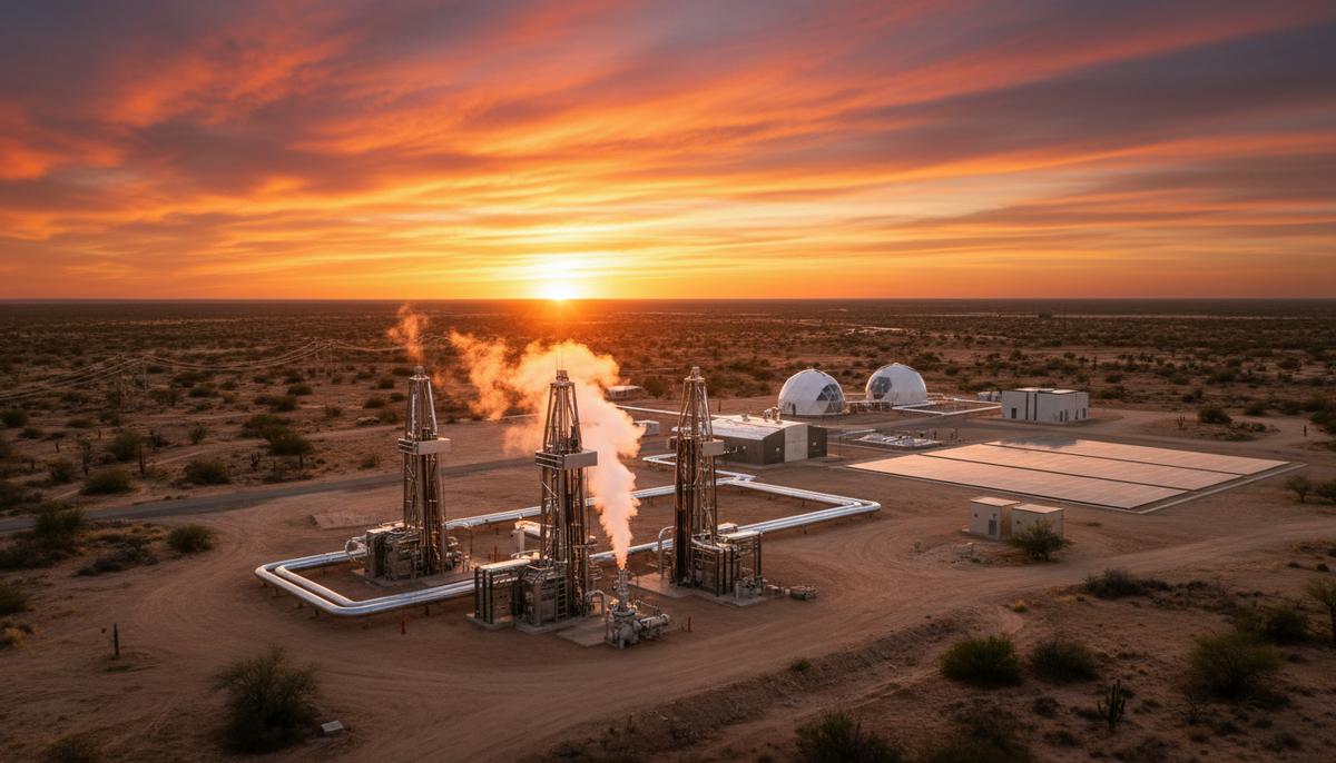 Геотермальная энергетика США: новые технологии и потенциал Техаса Современная геотермальная электростанция с буровым оборудованием в техасской пустыне на фоне заката.