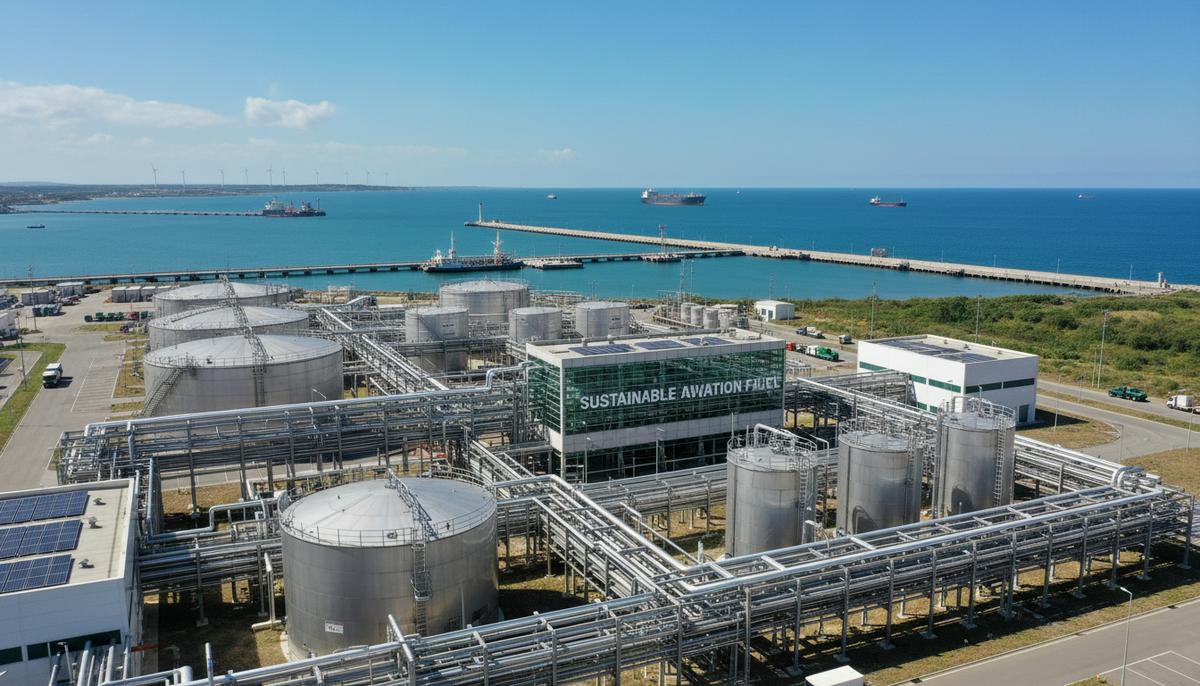 Современный завод по производству авиатоплива с резервуарами и трубопроводами, расположенный у морского причала.