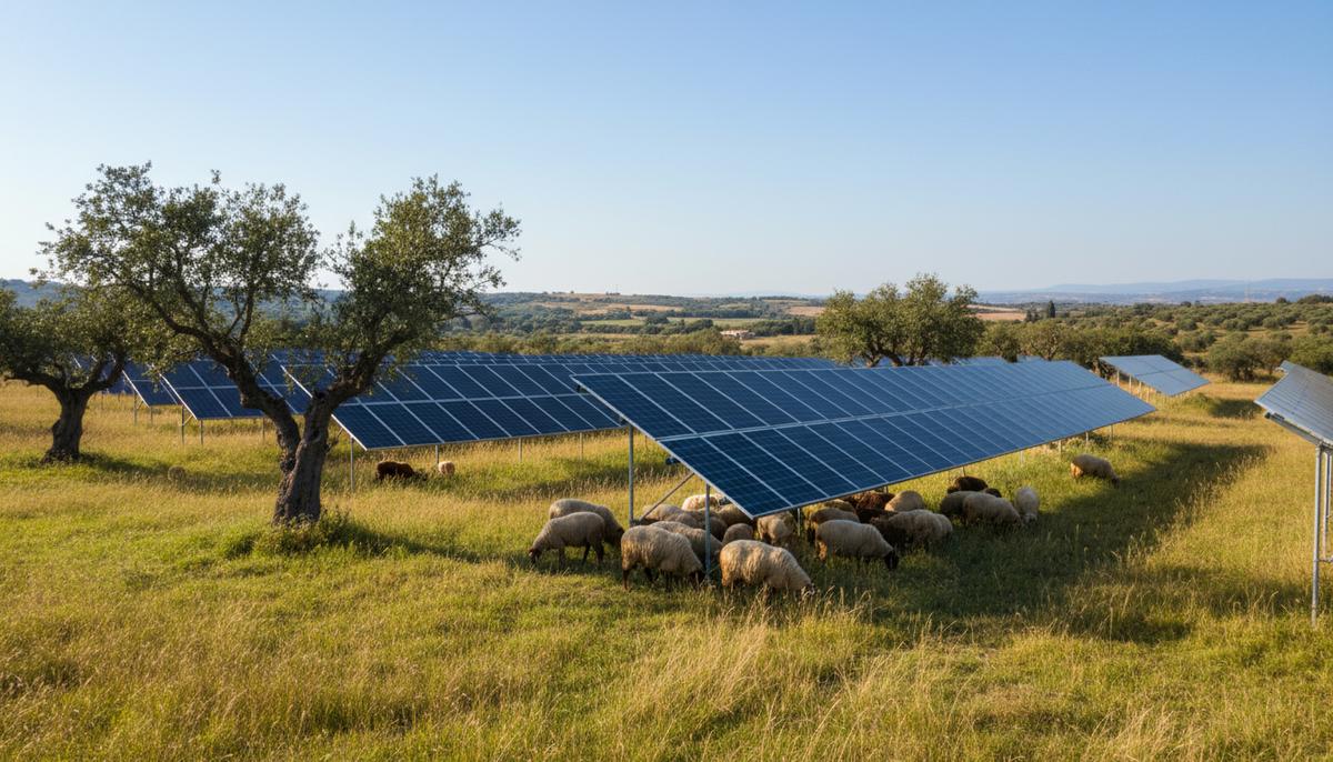 Zelestra строит первую агровольтаическую СЭС на Сицилии Агровольтаическая ферма: ряды солнечных панелей на поле, где пасутся овцы, на фоне сицилийских холмов.