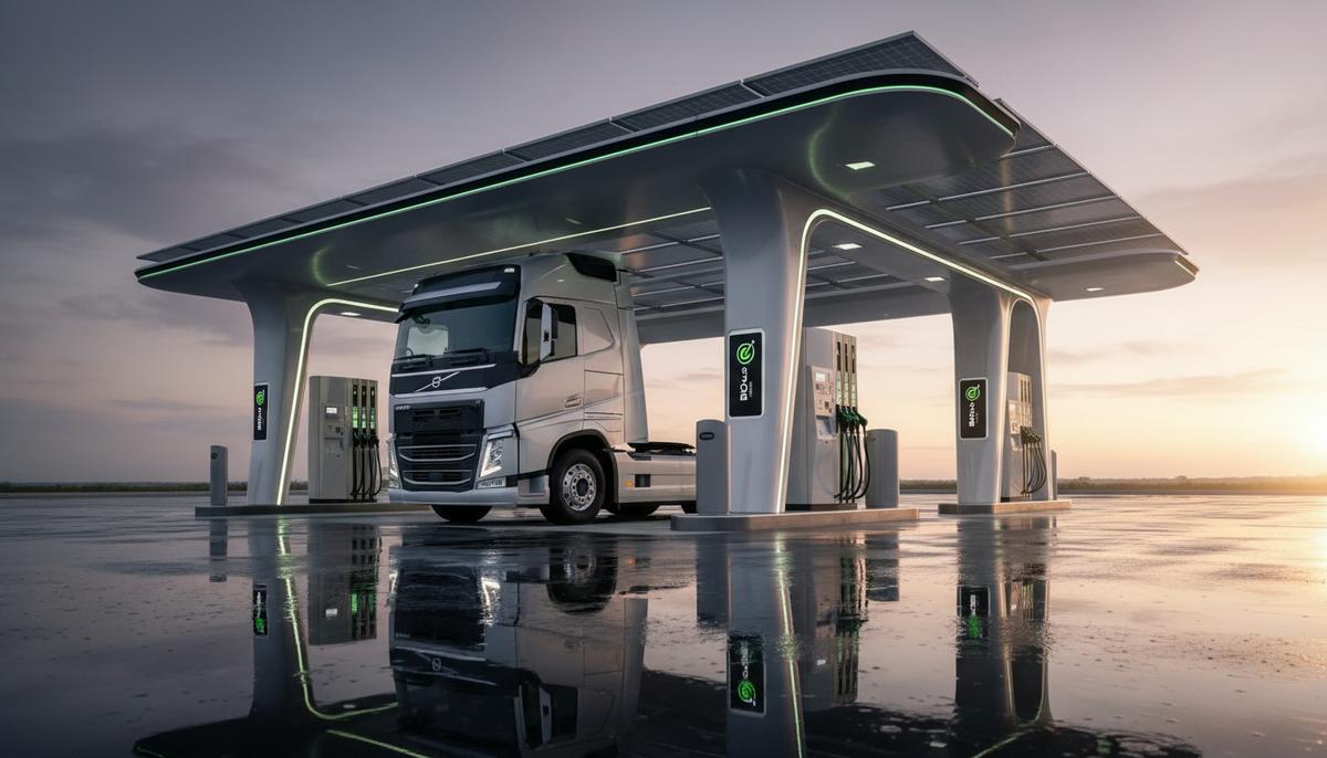 Volvo Trucks преодолела рубеж в 10 000 проданных газовых грузовиков Современный седельный тягач Volvo FH Aero на заправочной станции био-СПГ на рассвете.