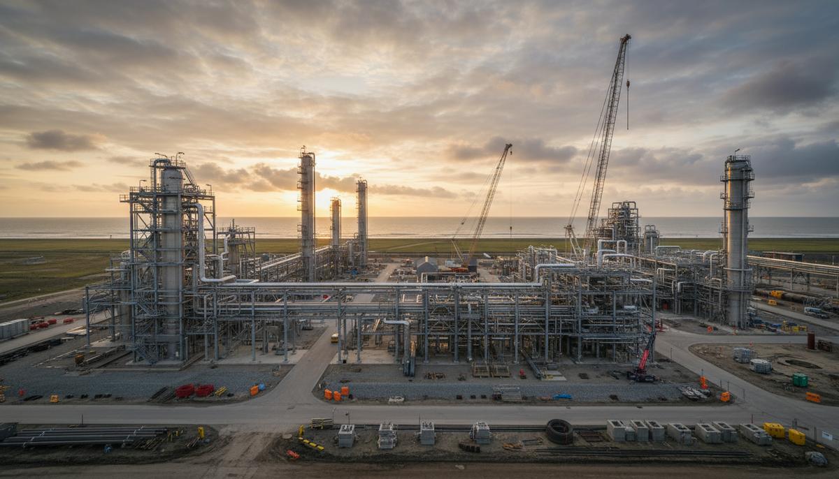 Строительная площадка нового завода по производству биотоплива: стальные конструкции, трубы и краны в индустриальном парке.