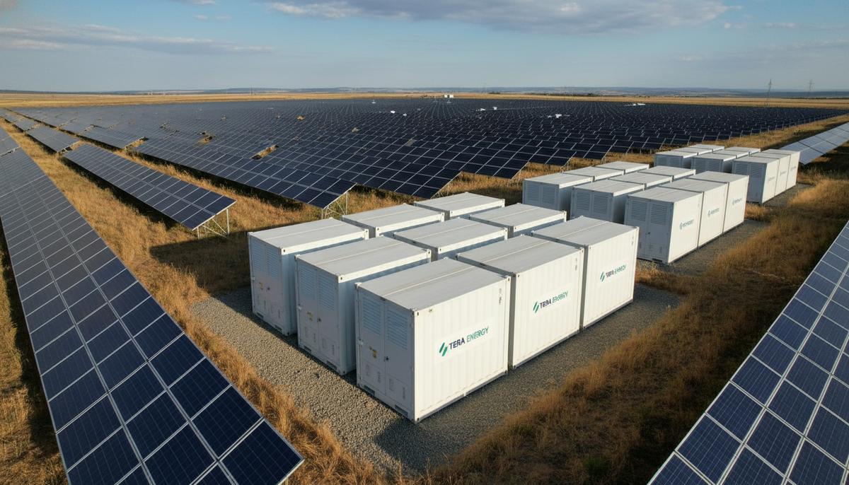 Солнечная электростанция с рядами фотоэлектрических панелей и крупными контейнерами системы накопления энергии на переднем плане.