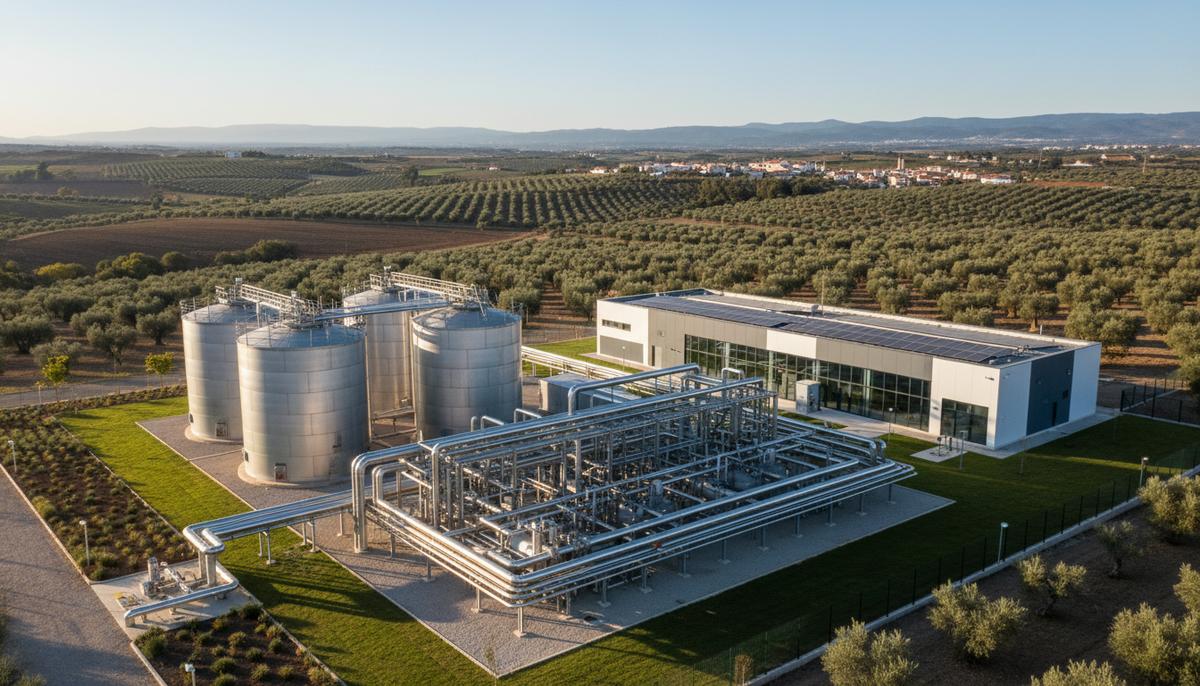 VORN Bioenergy и Prado Energia развивают производство биометана в Португалии Современный завод по производству биометана с большими серебристыми резервуарами и трубопроводами на фоне сельского пейзажа Португалии.