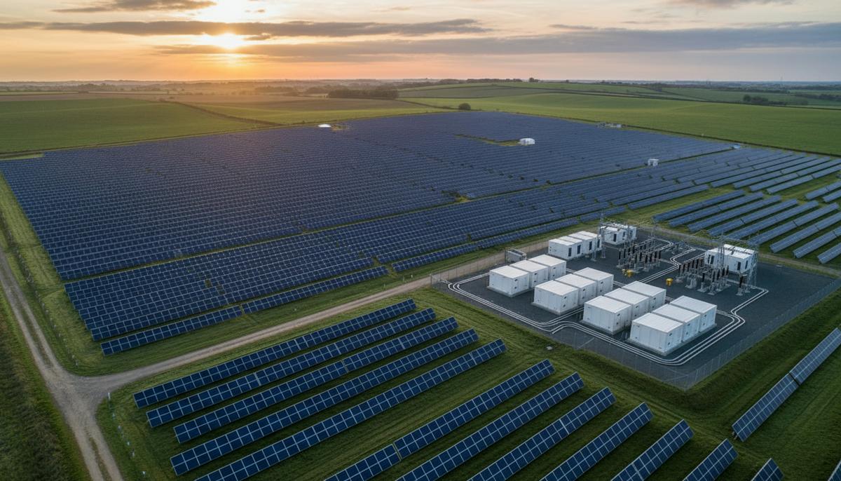 Солнечные панели и контейнеры системы накопления энергии на гибридной электростанции в сельской местности на рассвете.