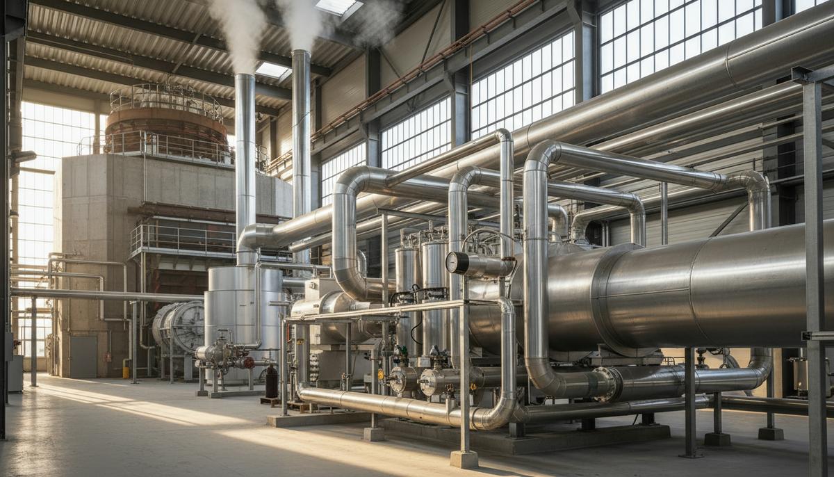 Современная установка утилизации тепла на ТЭЦ с системой блестящих стальных труб, теплообменников и промышленных воздуховодов.
