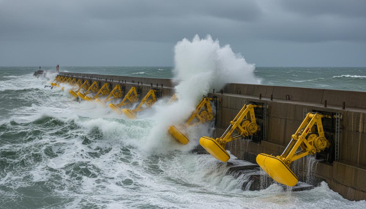 Отчет DOE США: высокий потенциал волновой энергетики на побережьях Конвертеры волновой энергии желтого цвета, установленные на бетонном волнорезе, преобразуют энергию океанских волн.