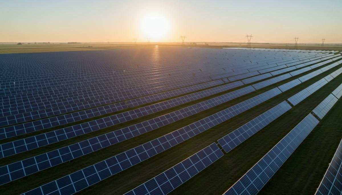 Огромная солнечная электростанция с рядами новых фотоэлектрических панелей, уходящих к горизонту на рассвете.