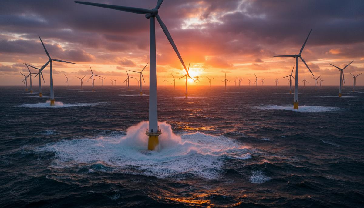 Морская ветряная электростанция с рядами турбин в открытом океане на рассвете. Мощные волны бьются о основания ветрогенераторов.
