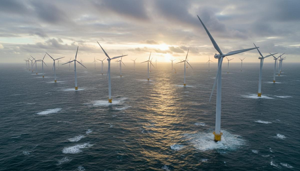 Мощные ветряные турбины морской ветроэлектростанции Vanguard West в Северном море у побережья Норфолка, Великобритания.