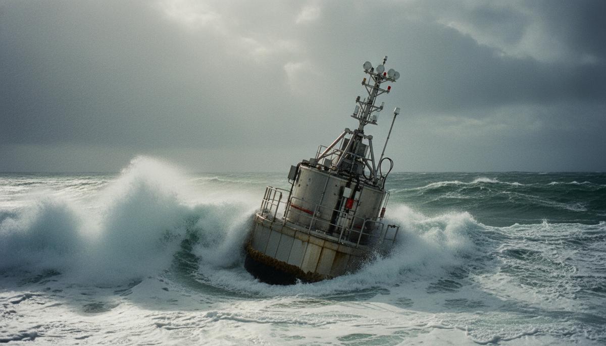 Современная установка для преобразования энергии волн, частично погруженная в бурные воды океана под пасмурным небом.