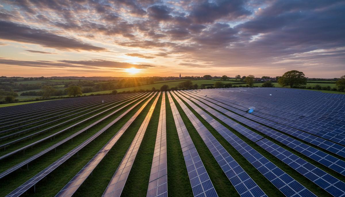 Бескрайнее поле с рядами солнечных панелей на фоне зеленых холмов английской сельской местности под облачным небом.