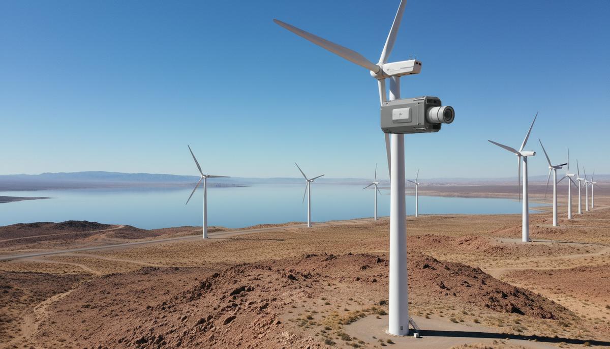 Новая ВЭС в Джибути применит ИИ для защиты птиц и летучих мышей Ветряные турбины на скалистом берегу озера Губбет в Джибути. На одной из турбин установлена камера для мониторинга.