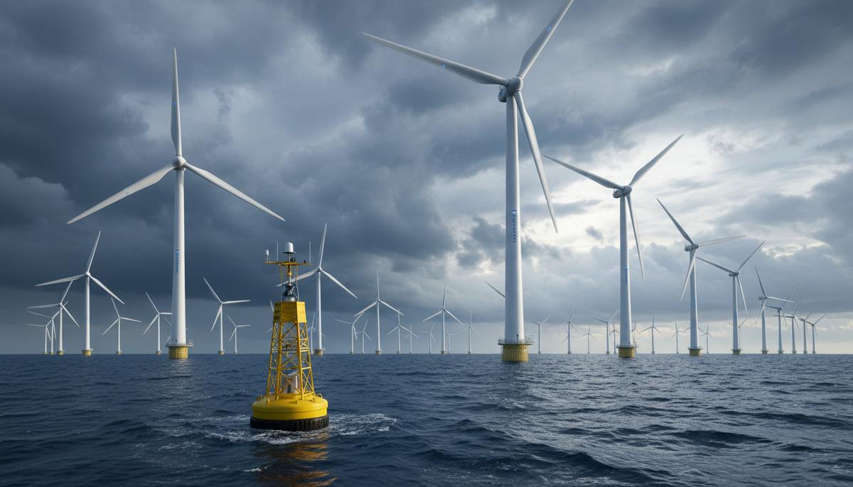 Новый метод прогноза повысит эффективность гигантских морских ветротурбин Огромные ветрогенераторы морской ветроэлектростанции в океане под облачным небом. На переднем плане плавучий измерительный буй.