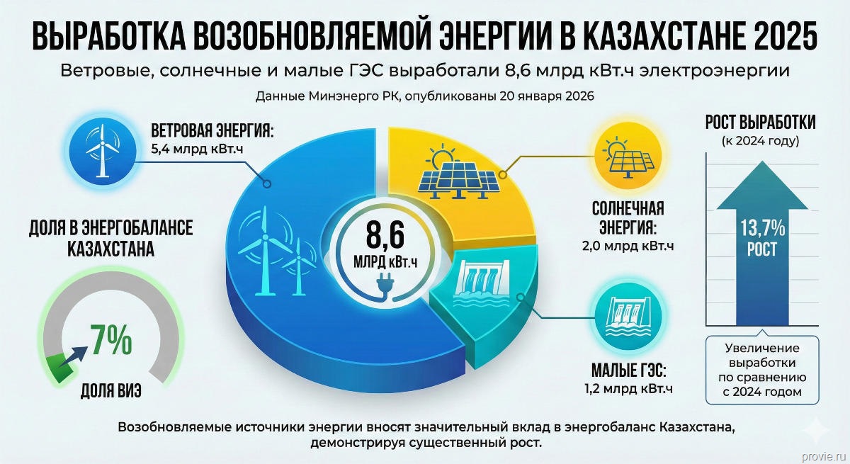 Выработка возобновляемой энергии в Казахстане в 2025 году Выработка возобновляемой энергии в Казахстане в 2025 году