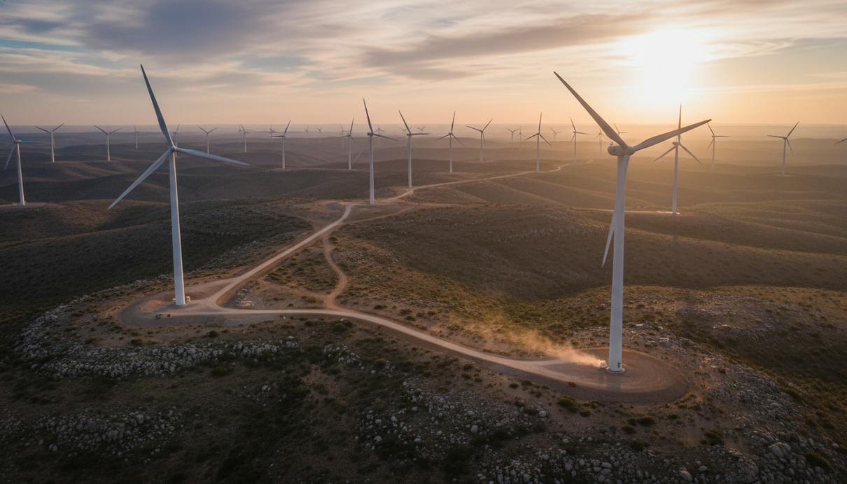 Массивные ветряные турбины на рассвете, установленные в скалистой холмистой местности Южной Африки.