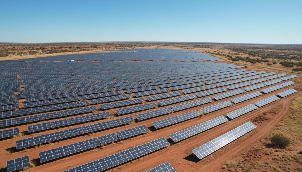 Огромная солнечная электростанция с рядами фотоэлектрических панелей, расположенная в австралийской пустынной местности под ясным небом.