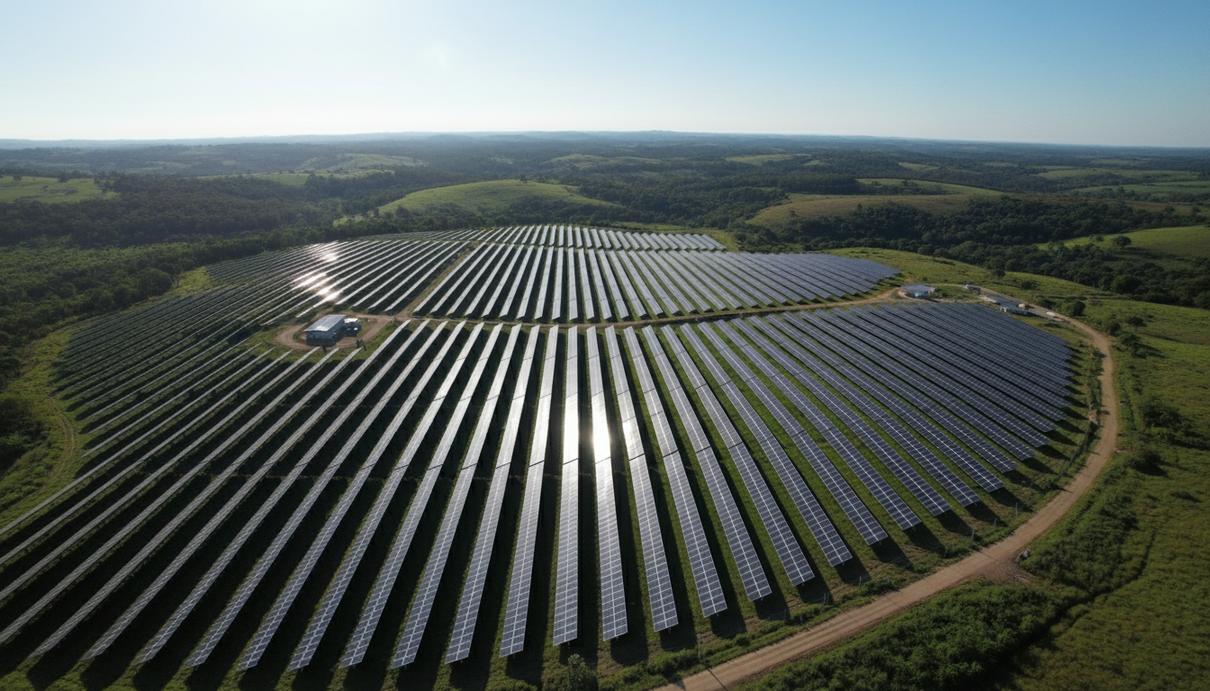 Солнечная электростанция с рядами фотоэлектрических панелей, расположенная на фоне зеленых холмов в Колумбии.