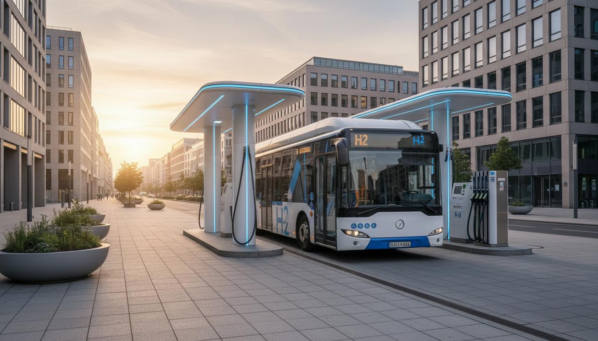 Современный водородный автобус на футуристической заправочной станции на тихой улице европейского города на рассвете.