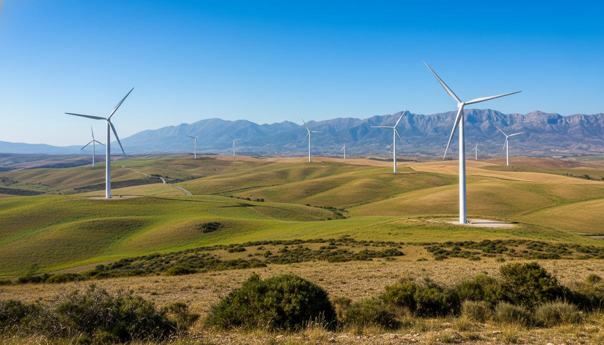 Современные ветрогенераторы на зеленых холмах Сицилии на фоне голубого неба и далеких гор.