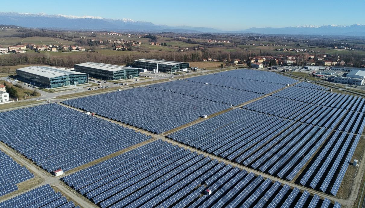 Солнечная электростанция с рядами фотоэлектрических панелей в промышленной зоне на фоне предгорий в Пьемонте, Италия.