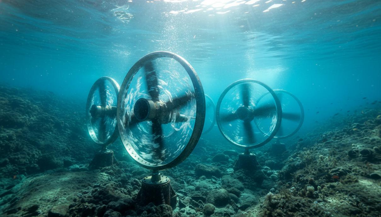 Массив подводных турбин приливной электростанции на морском дне, сквозь толщу воды пробиваются лучи солнца.