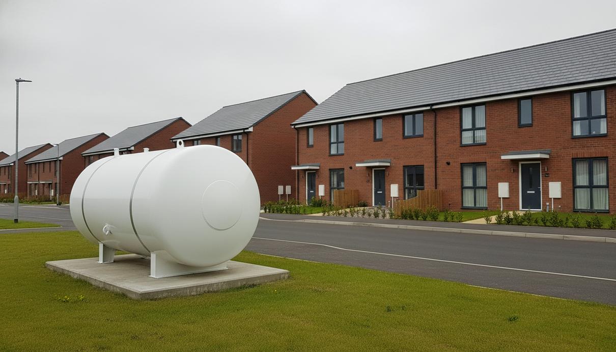 Белый резервуар для хранения биогаза рядом с современными жилыми домами из кирпича в британском загородном поселке.