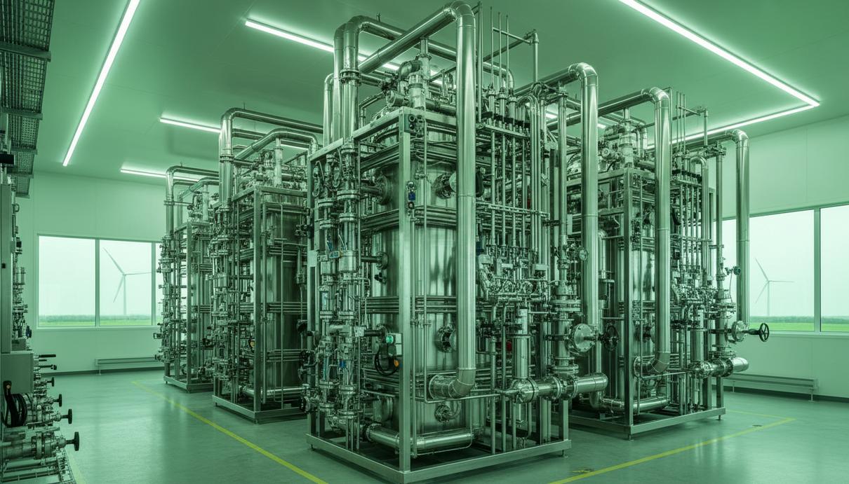 Современный цех по производству зеленого водорода с электролизерами и сетью стальных труб в чистом промышленном помещении.