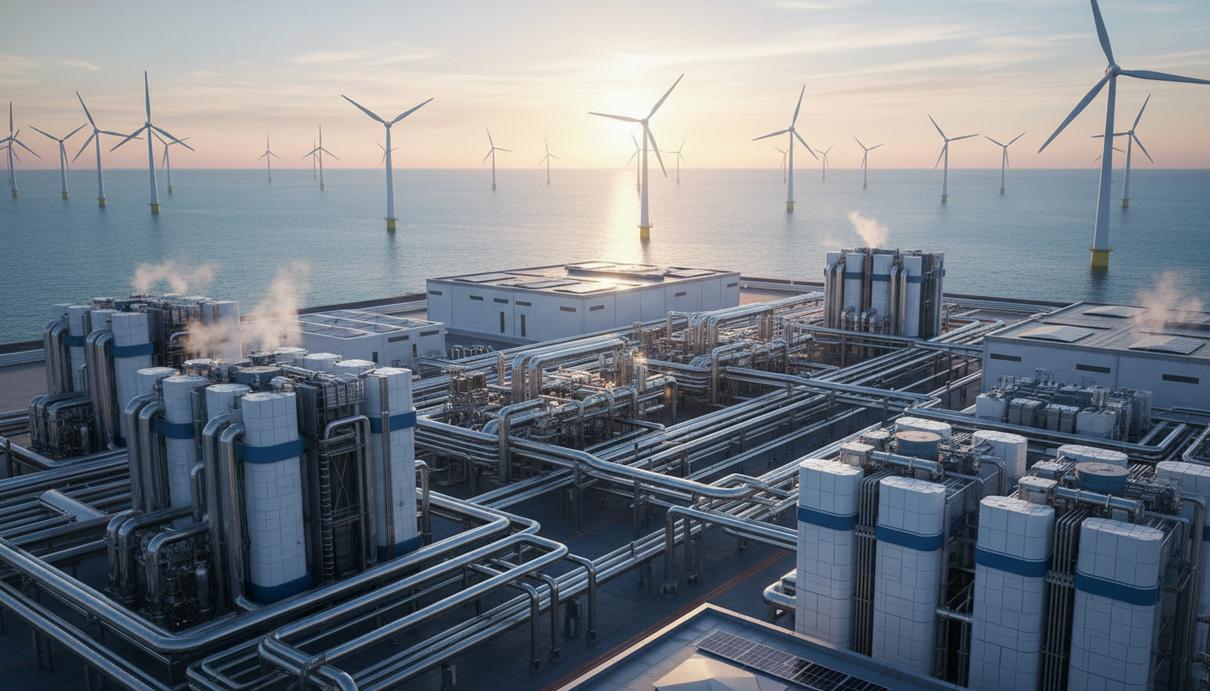 Современный завод по производству зеленого водорода с электролизерами на фоне морской ветроэлектростанции на рассвете.