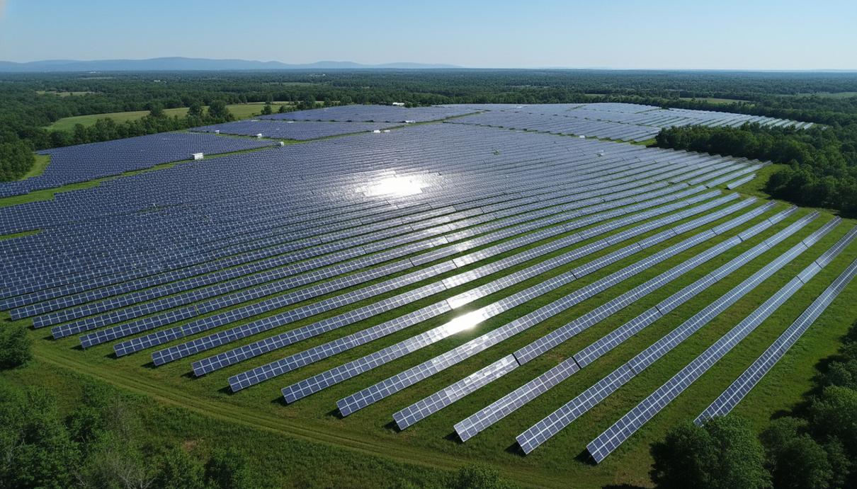Огромная солнечная электростанция с рядами фотоэлектрических панелей, уходящими за горизонт в ясный день.
